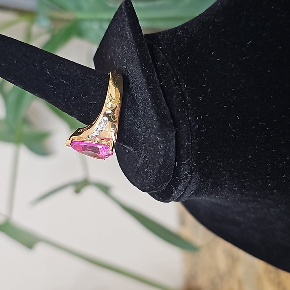 Pink triangle ring! Pink topaz, white topaz, rhodium vermeil - Picture 3 of 7